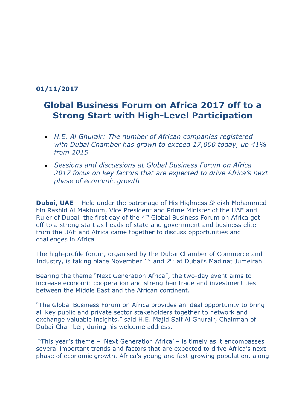 Global Business Forum on Africa 2017 Off to Astrongstart with High-Level Participation