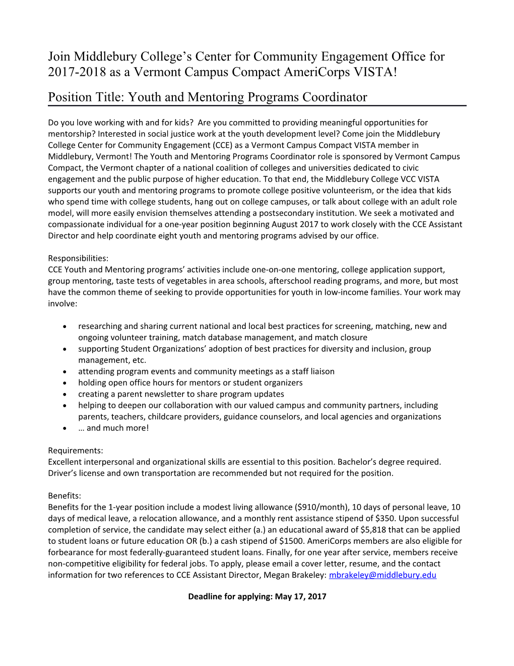 Position Title: Youth and Mentoring Programs Coordinator