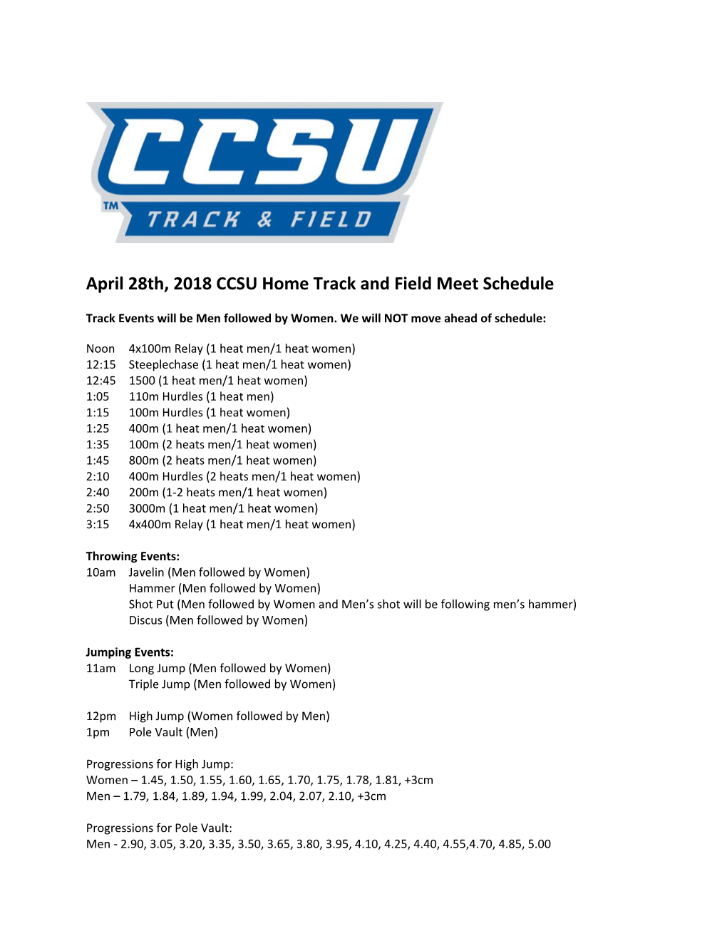April 28Th, 2018 CCSU Home Track and Field Meet Schedule