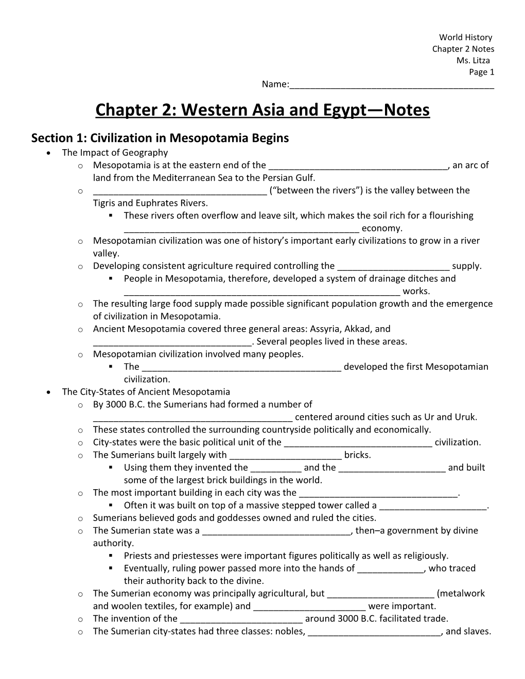 Chapter 2: Western Asia and Egypt Notes