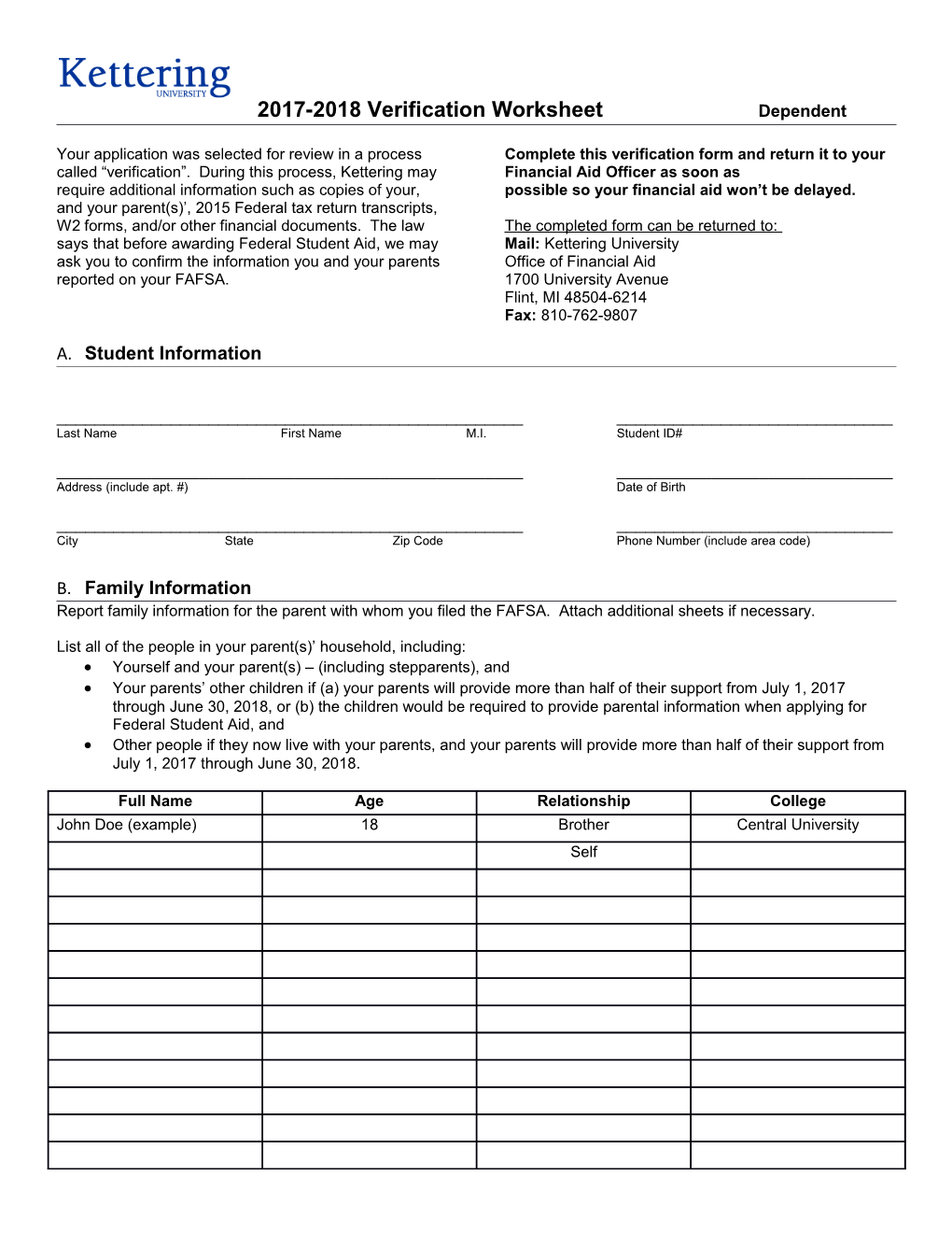 Complete This Verification Form and Return It to Your Financial Aid Officer As Soon As
