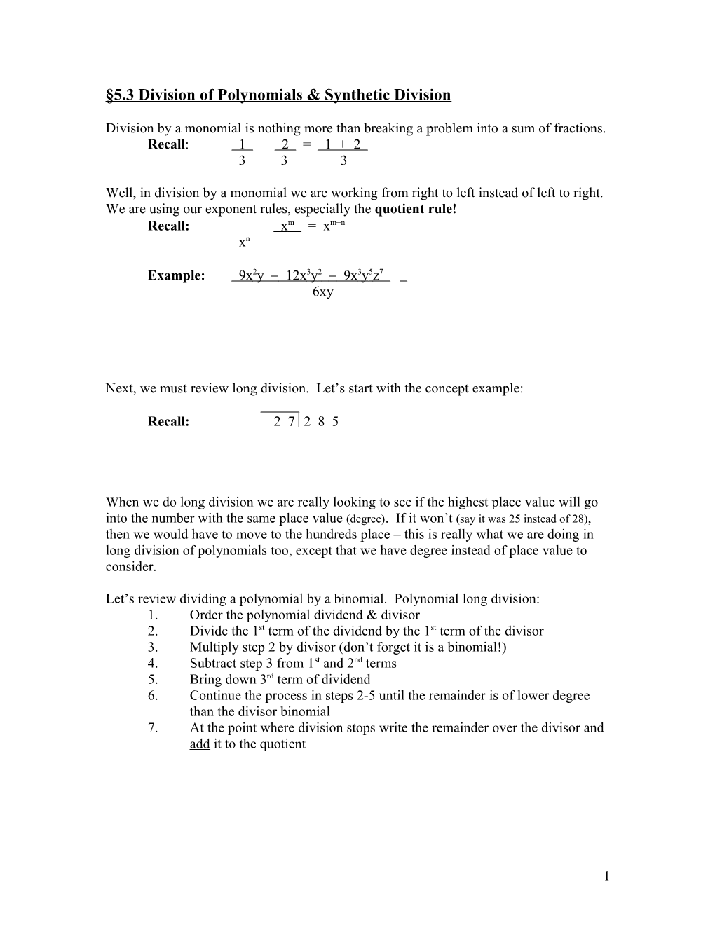 5.3 Division of Polynomials & Synthetic Division