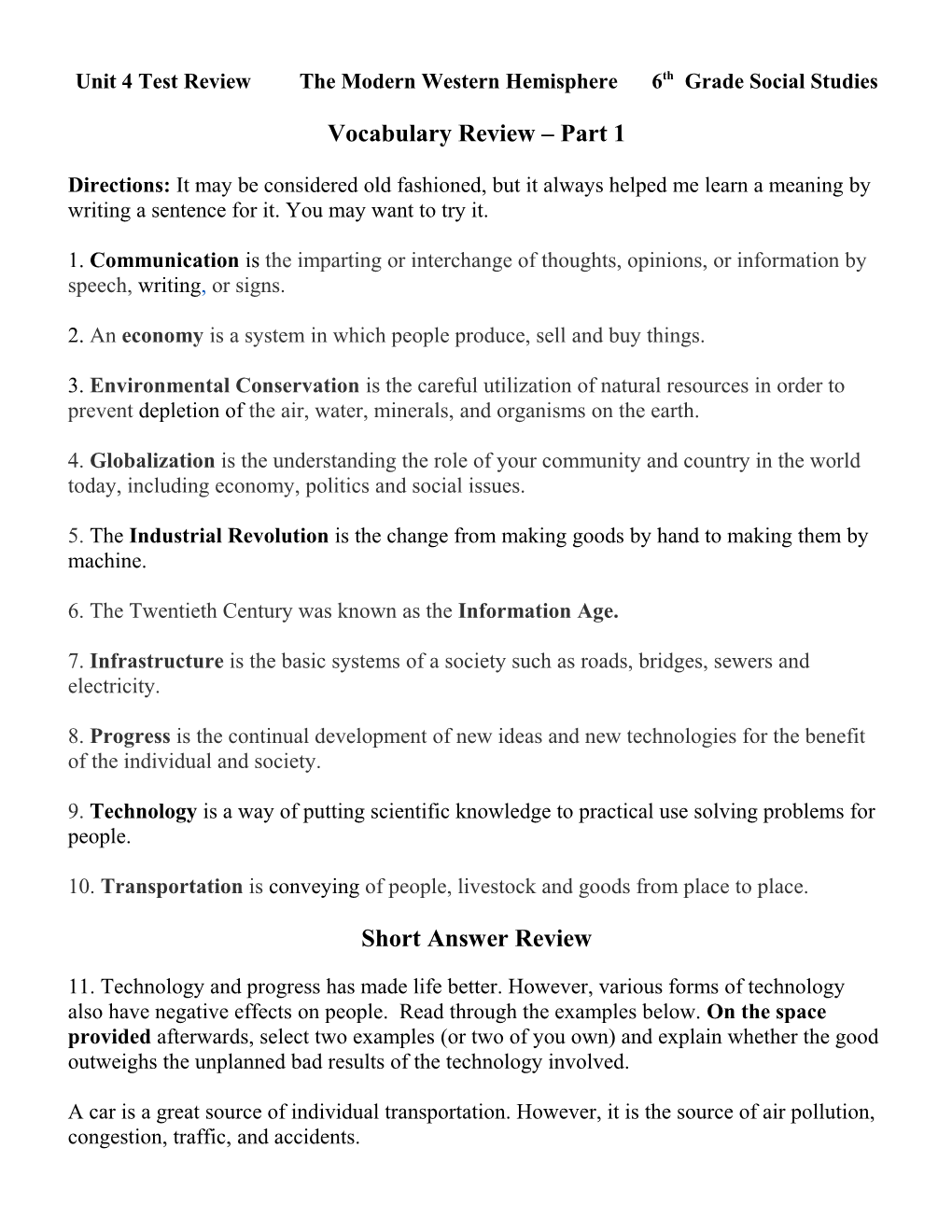 Unit 4 Test Reviewthe Modern Western Hemisphere 6Th Grade Social Studies