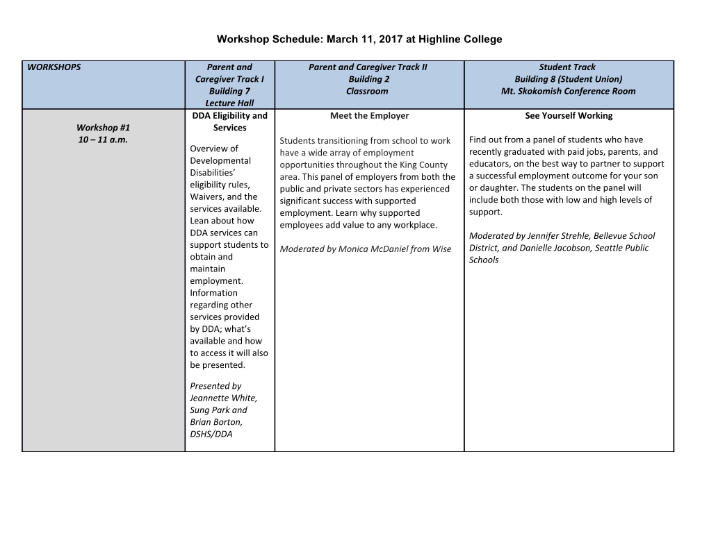 Workshop Schedule: March 11, 2017 at Highline College