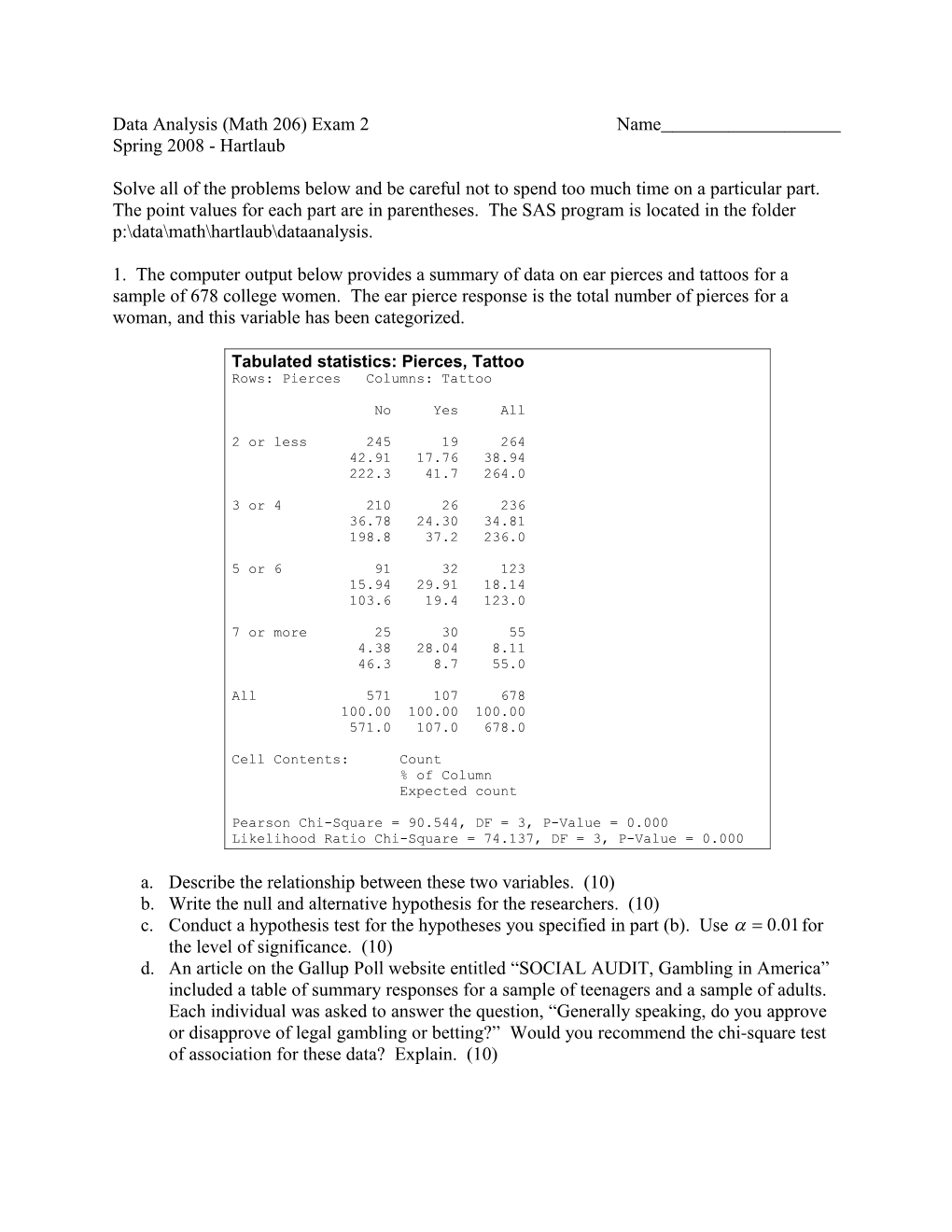 Data Analysis (Math 206) Exam 1