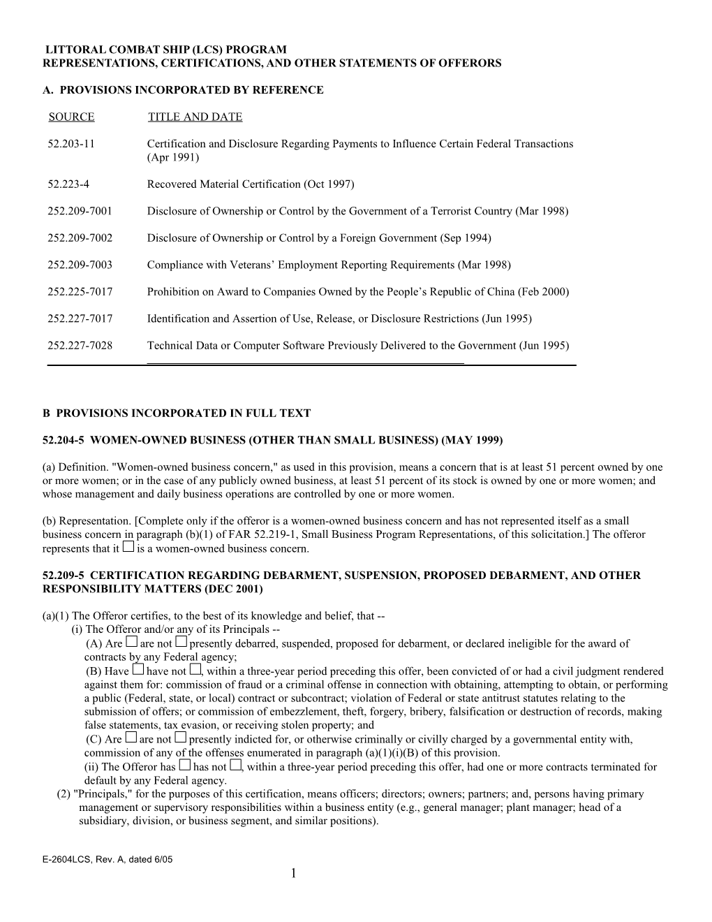 Section K Representations, Certifications, and Other Statements of Offerors Or Respondents