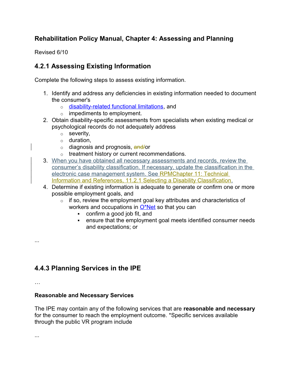 Rehabilitation Policy Manual, Chapter 4: Assessing and Planning