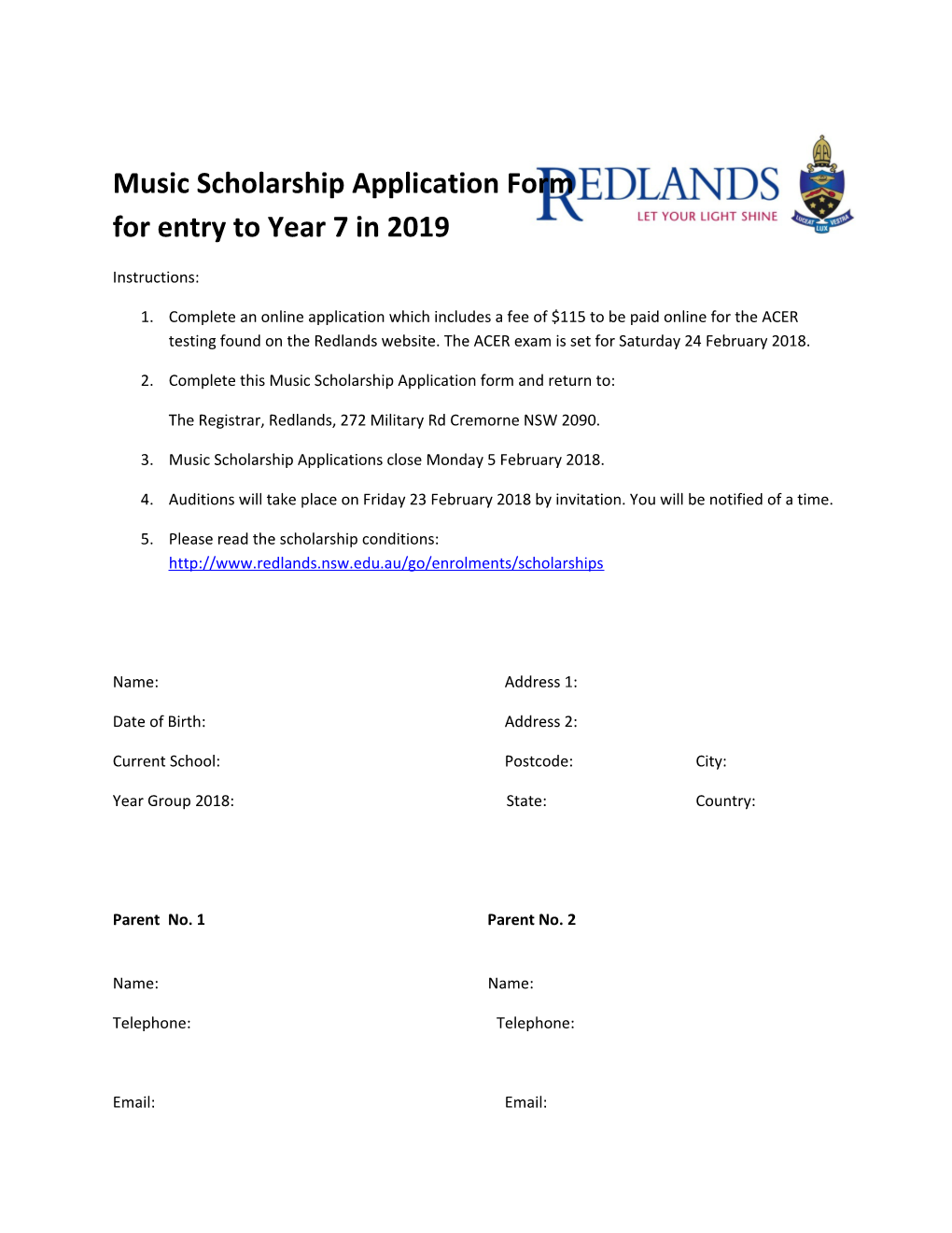 Music Scholarship Application Form for Entry to Year 7 in 2019