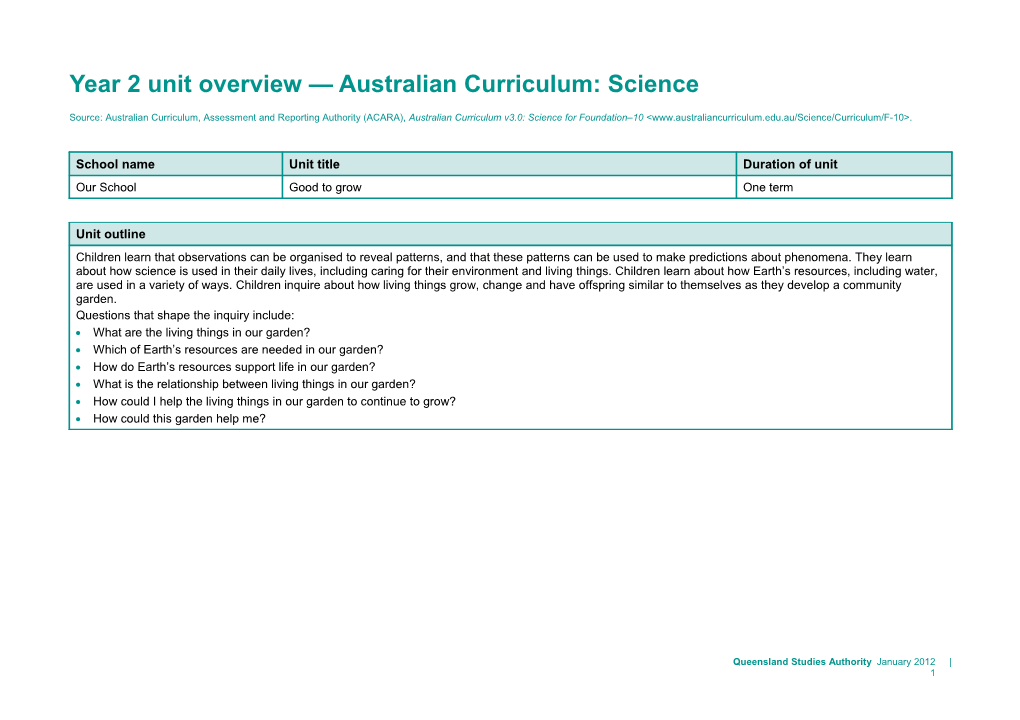 Year 2 Unit Overview Australian Curriculum: Science