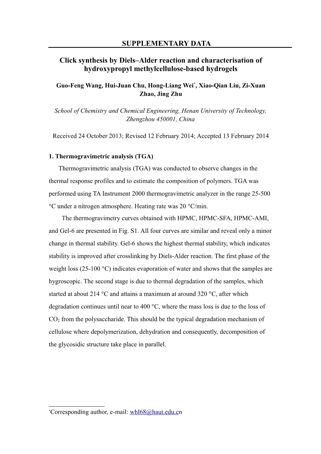 Click Synthesis by Diels Alder Reaction and Characterisation of Hydroxypropyl