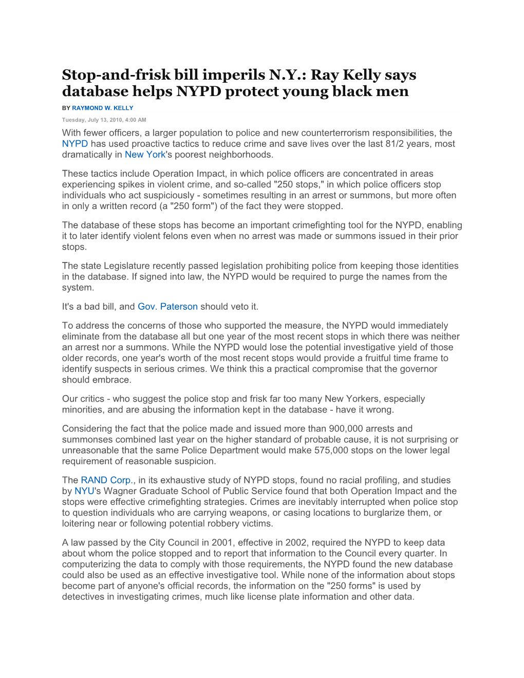 Stop-And-Frisk Bill Imperils N.Y.: Ray Kelly Says Database Helps NYPD Protect Young Black Men