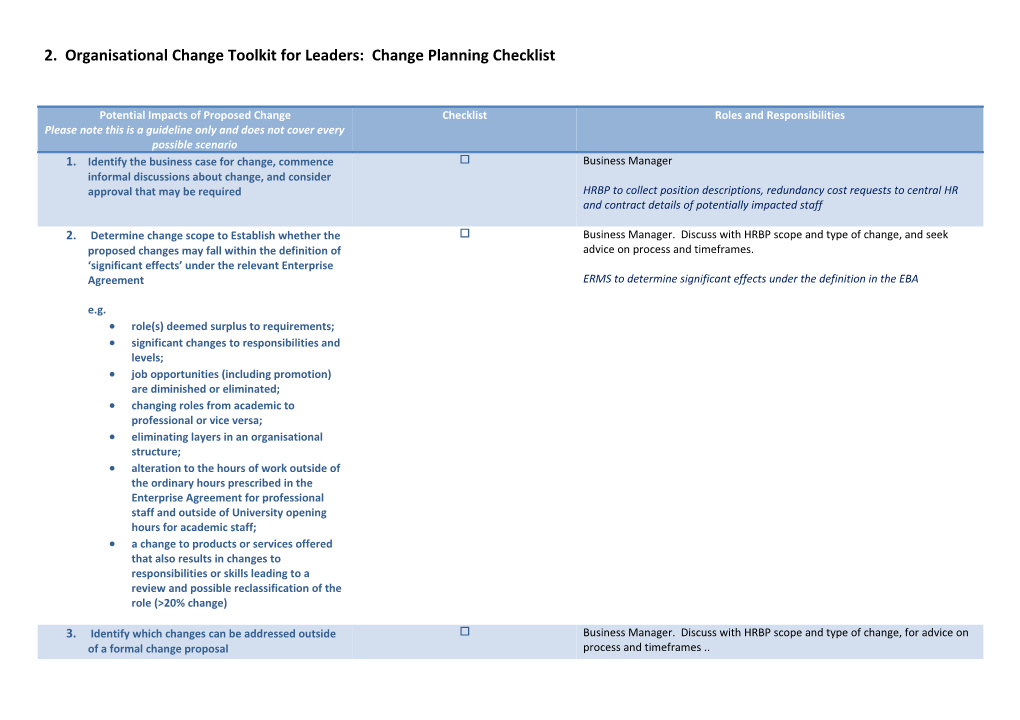2. Organisational Change Toolkit for Leaders: Change Planning Checklist