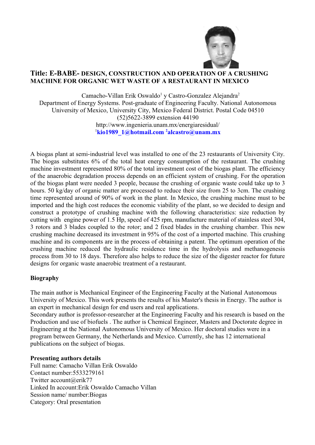 Title: E-BABE-DESIGN, CONSTRUCTION and OPERATION of ACRUSHINGMACHINE FORORGANIC WET WASTE