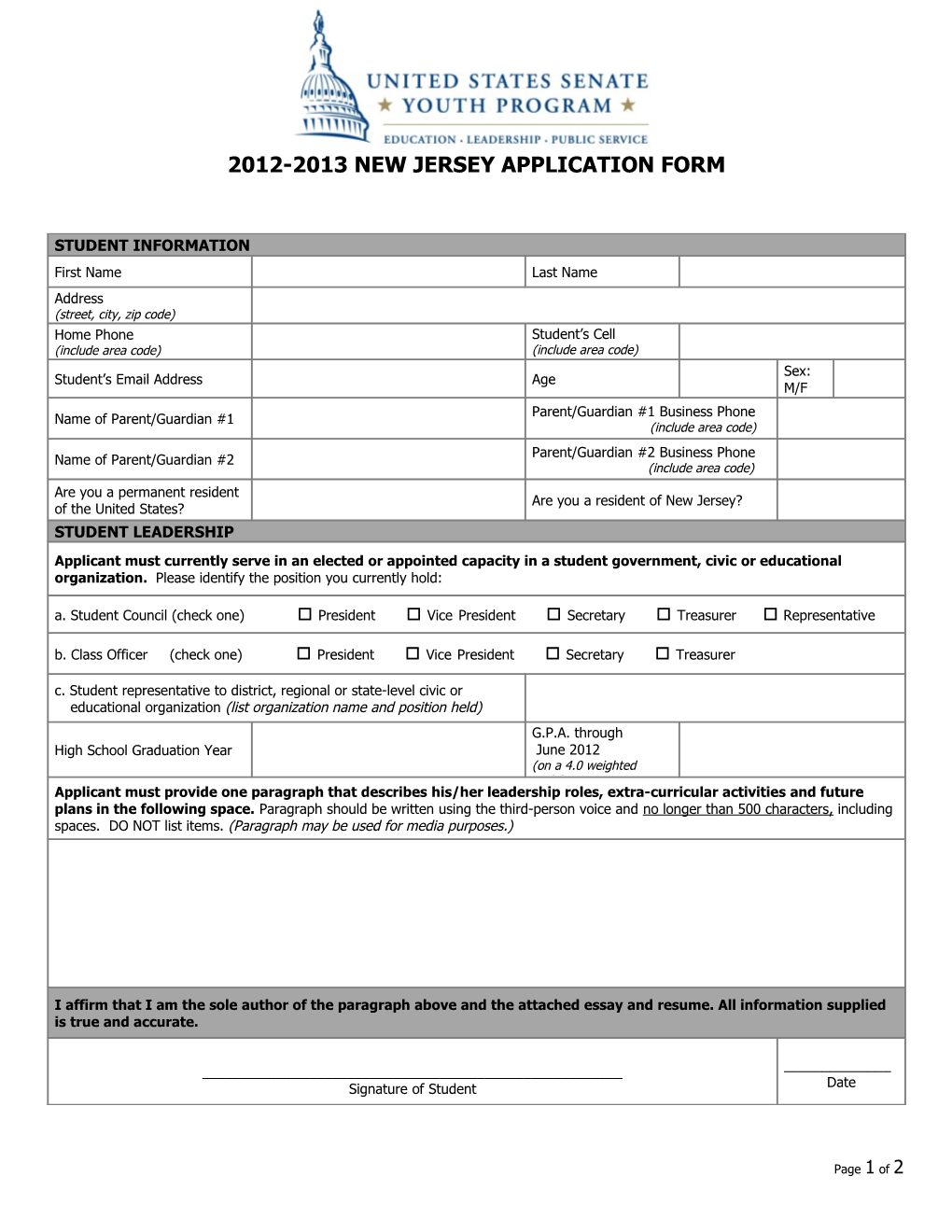 2012-2013 New Jersey Application Form