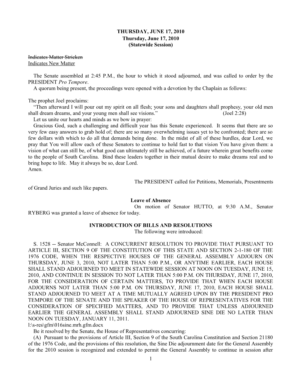 Senate Journal for June 17, 2010 - South Carolina Legislature Online