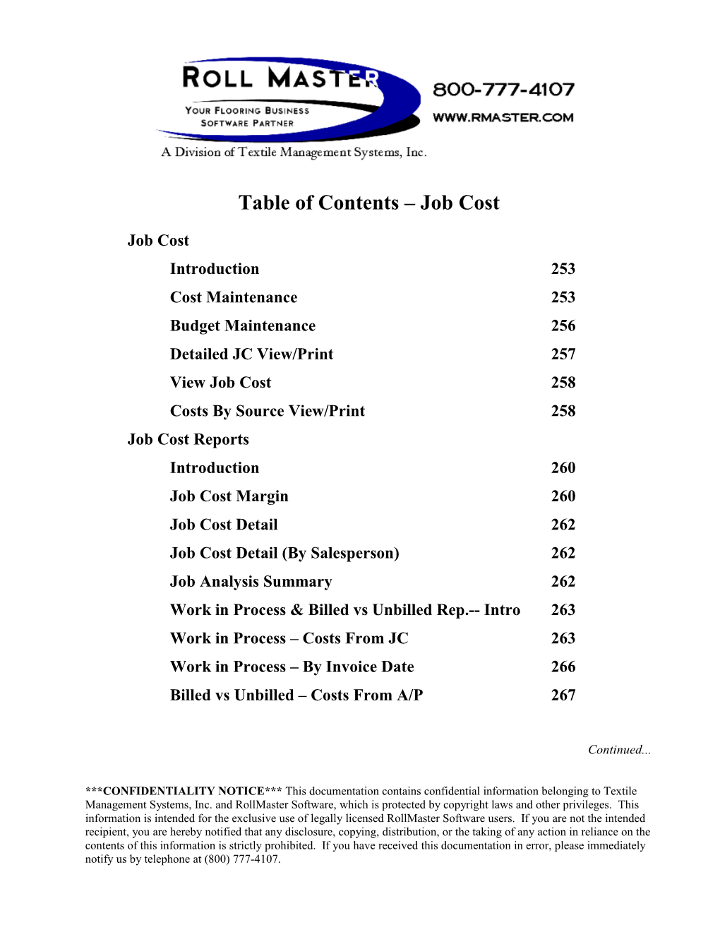 Table of Contents Job Cost