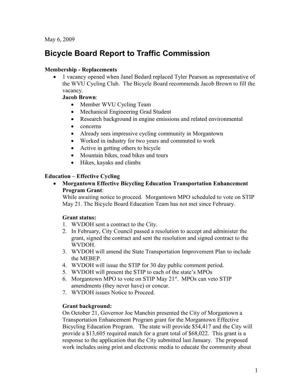 Bicycle Board Report to Traffic Commission