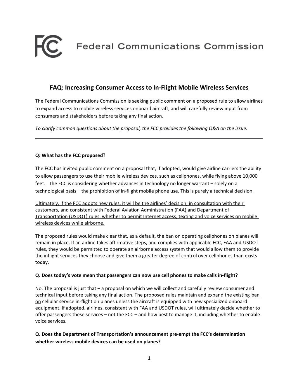 FAQ: Increasing Consumer Access to In-Flight Mobile Wireless Services