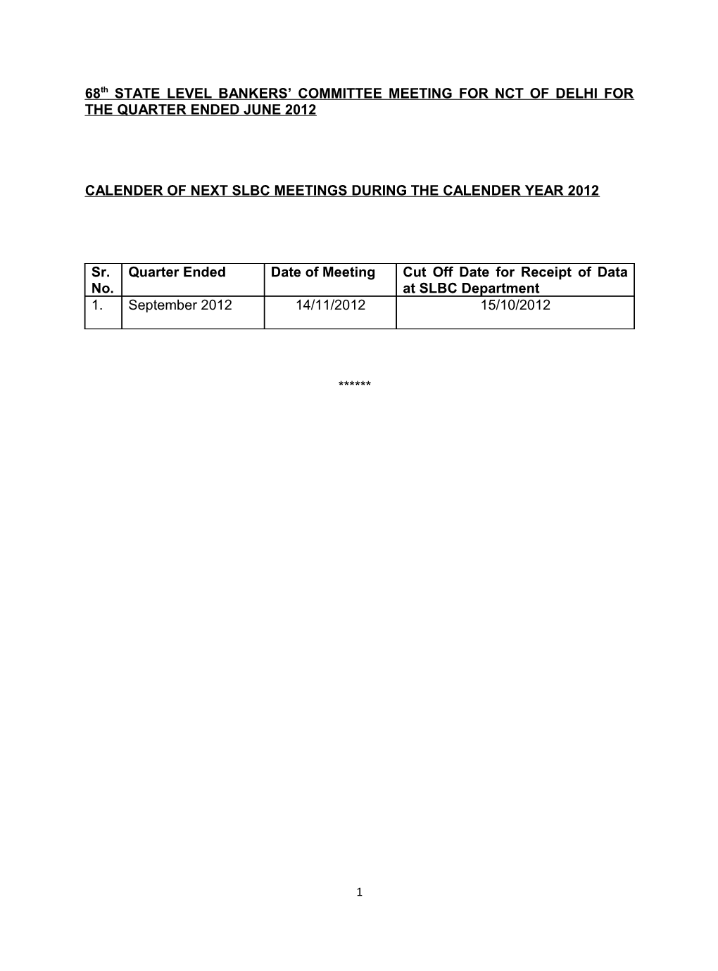 Calender of Next Slbc Meetings During the Calender Year 2012