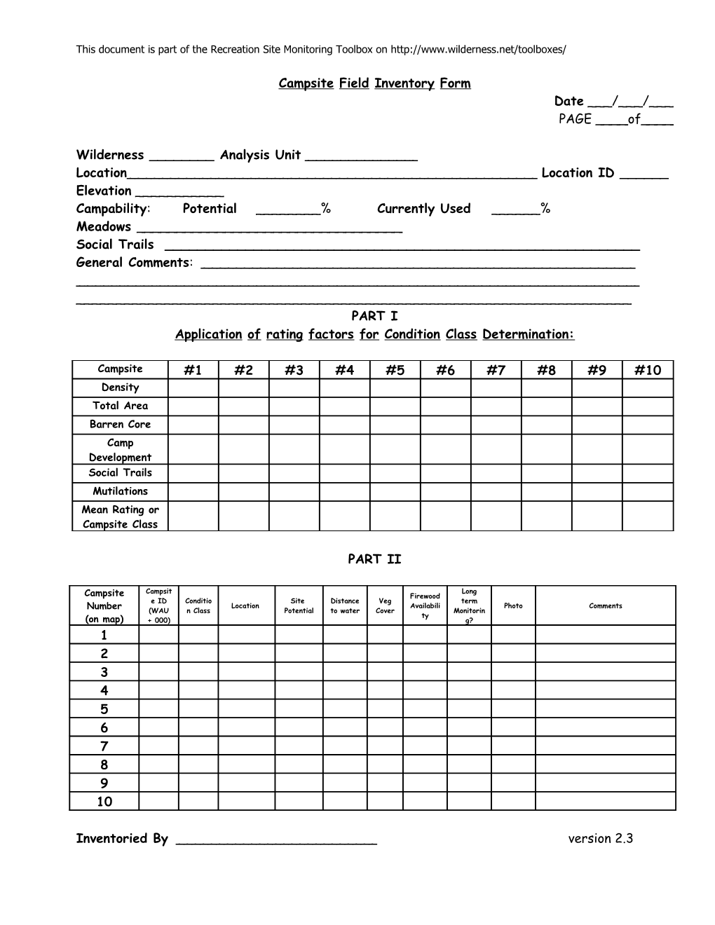 Sierra-Inyo NF Campsite Inventory Form 2004