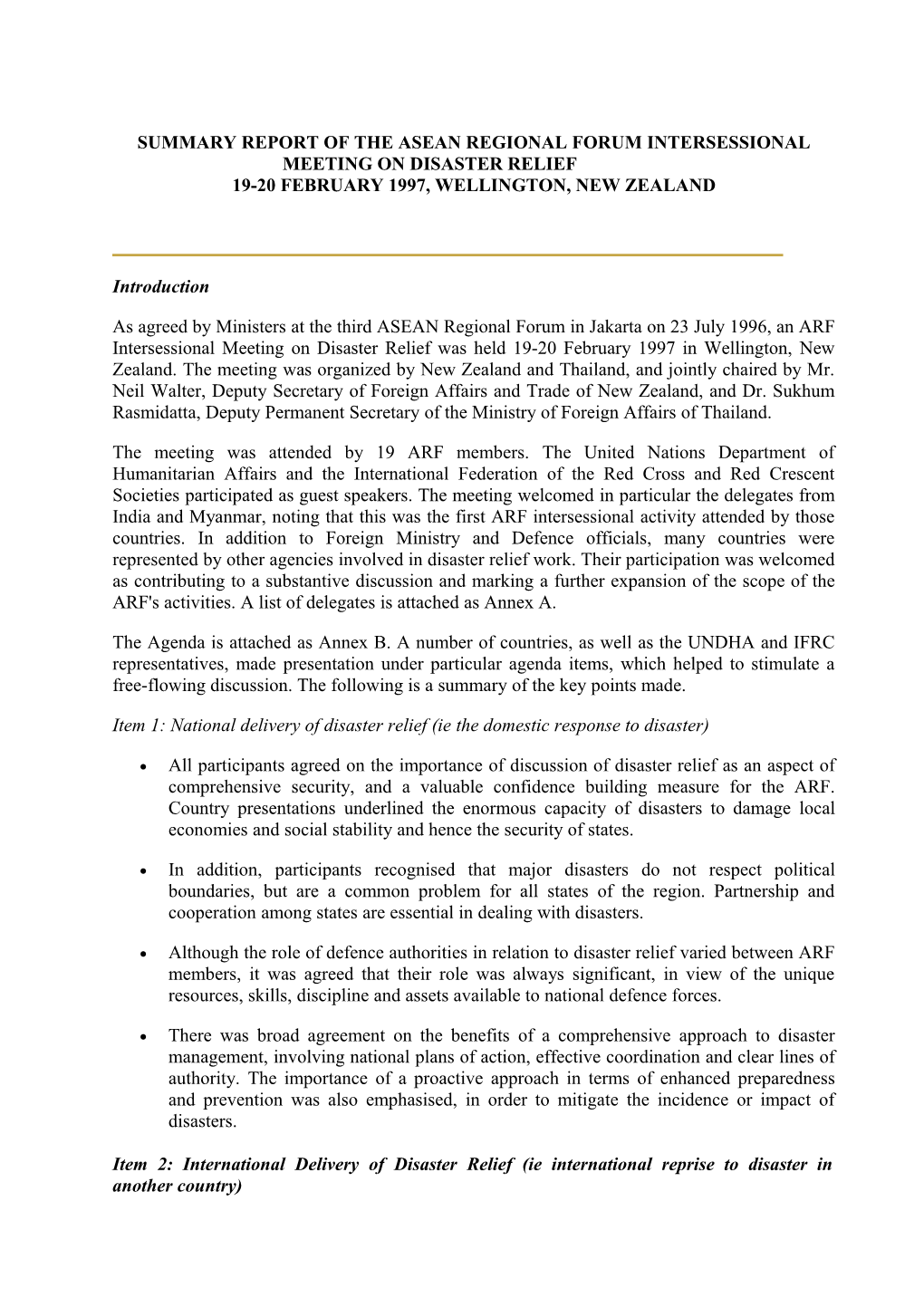 Summary Report of the Asean Regional Forum Intersessional Meeting on Disaster Relief
