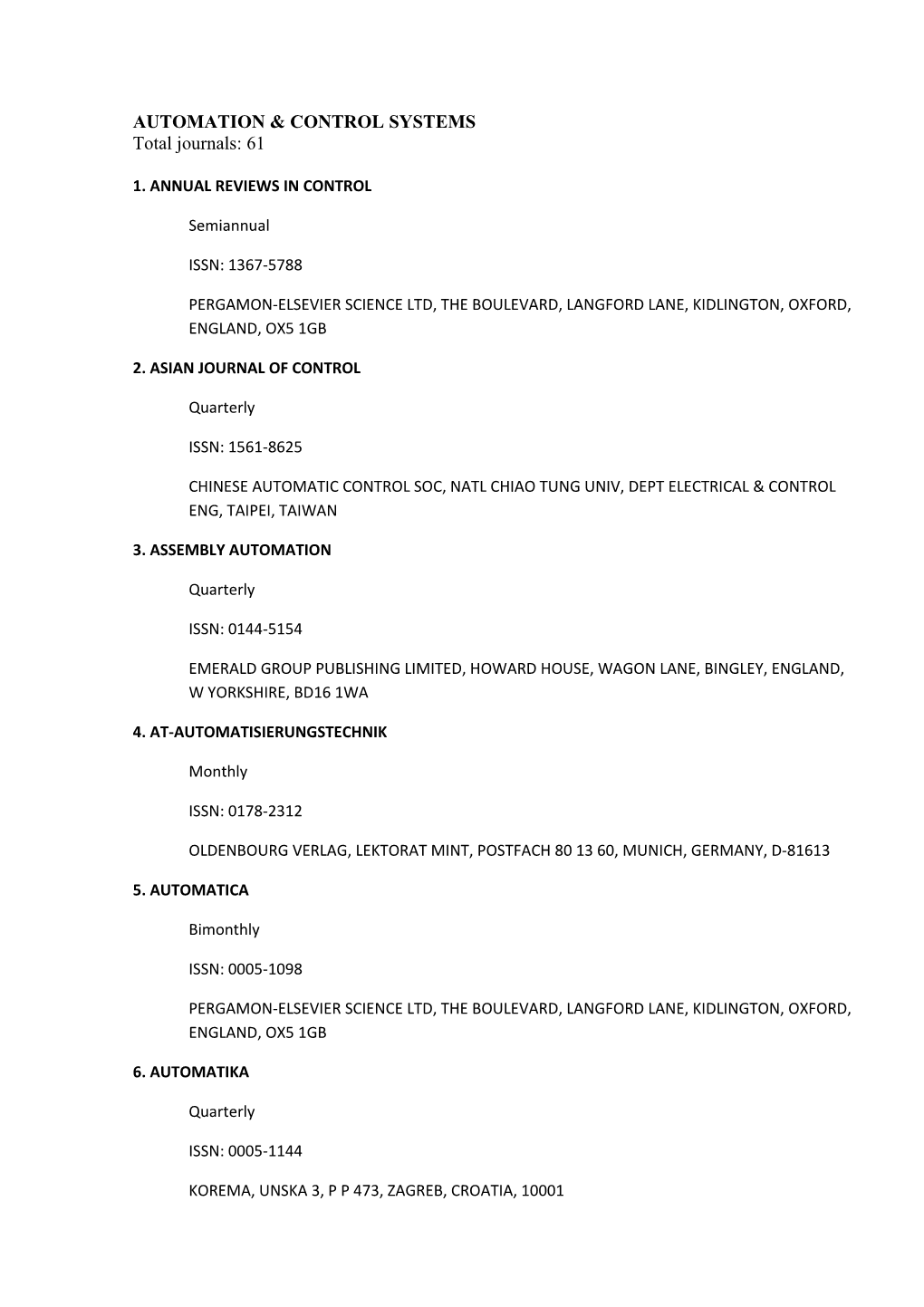 AUTOMATION & CONTROL SYSTEMS Total Journals: 61