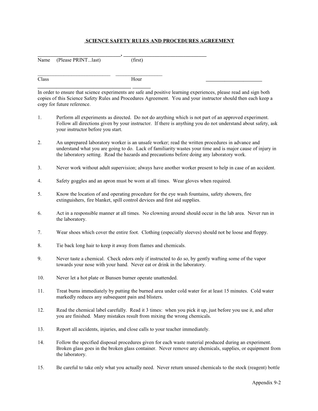 Sci 9 and Biology Safety Contract