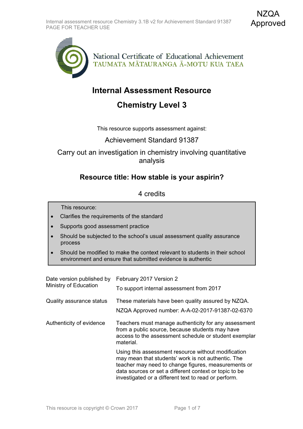 Level 3 Chemistry Internal Assessment Resource