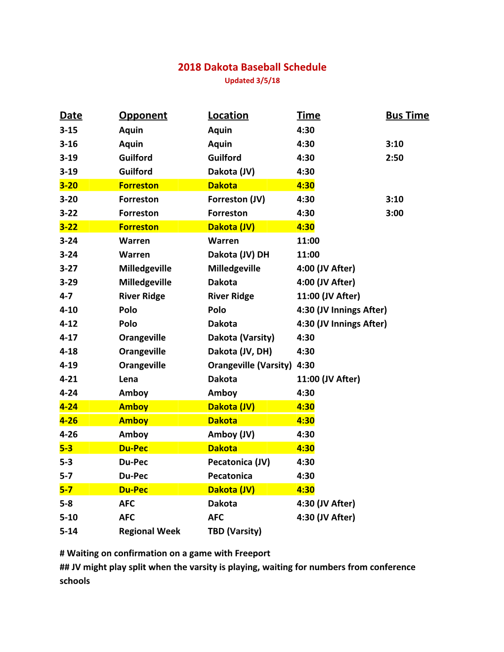 2018 Dakota Baseball Schedule Updated 3/5/18