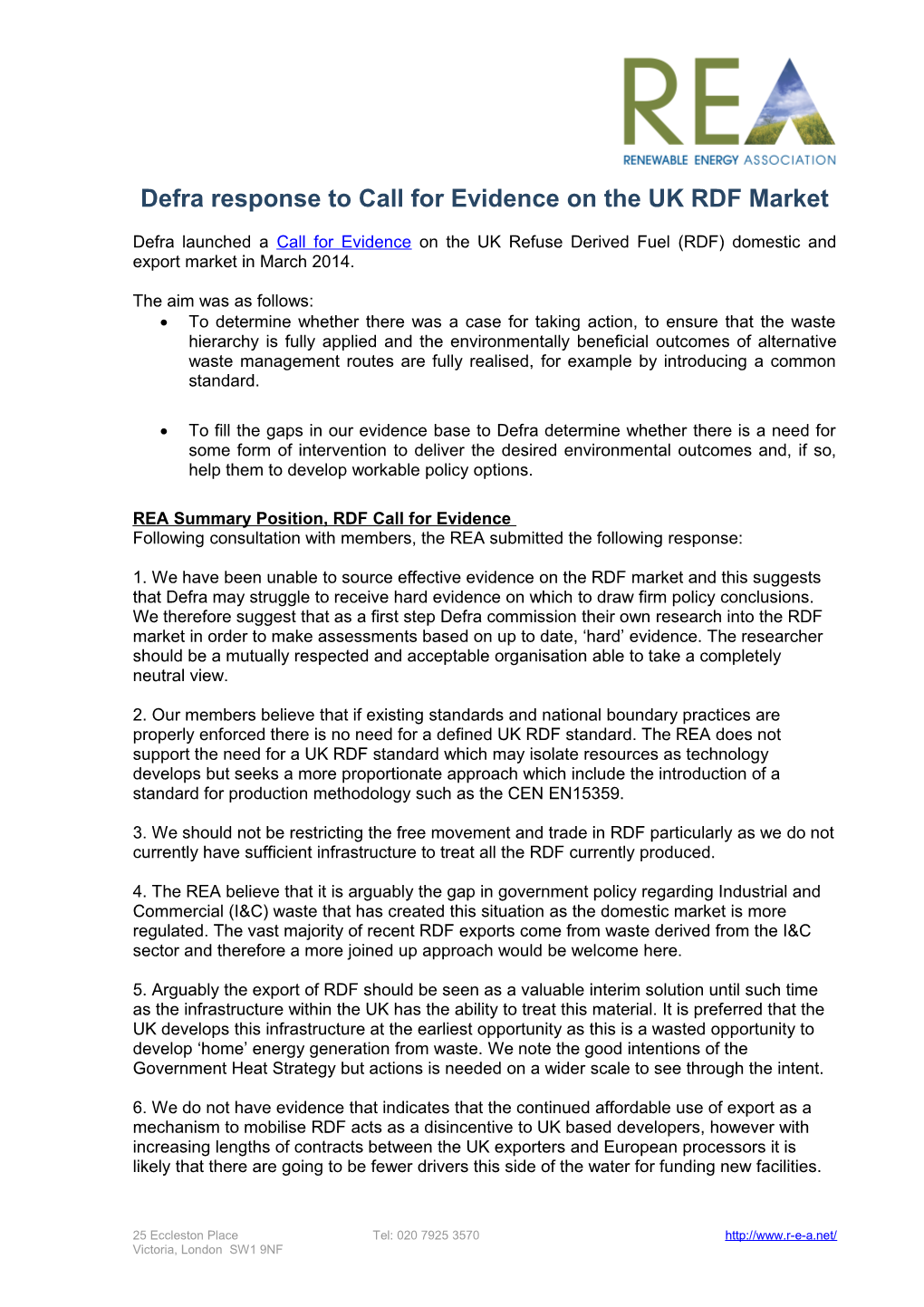 Defra Response to Call for Evidence on the UK RDF Market