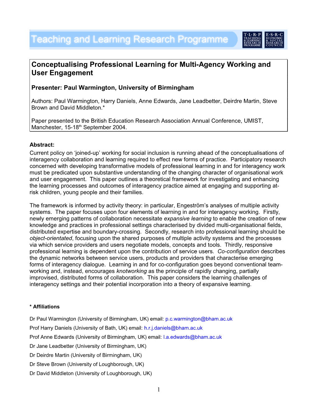 Learning in and for Interagency Working: a UK Perspective on Co-Configuration