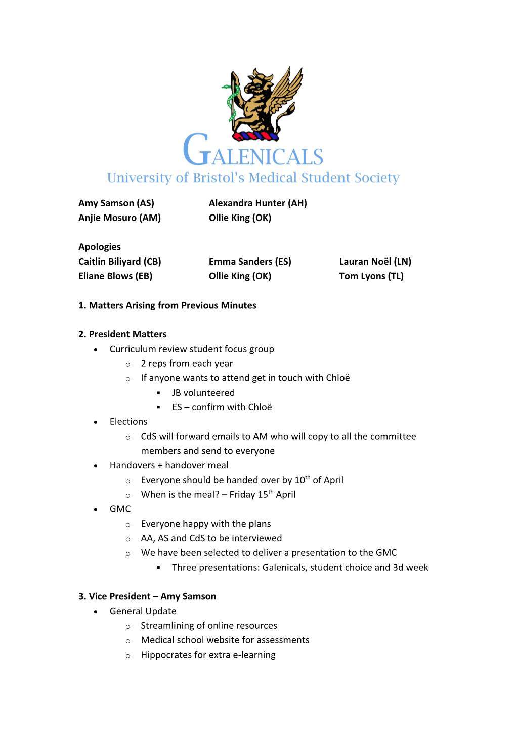 GALENICALS COMMITTEE MEETING Minutes