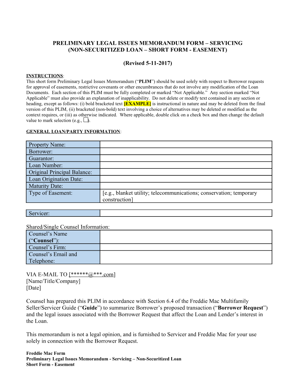 Preliminary Legal Issues Memorandum Form SERVICING