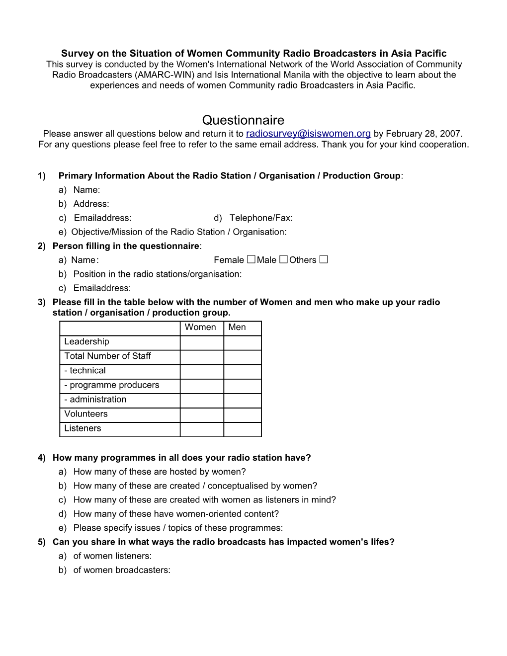 Survey on the Situation of Women Community Radio Broadcasters in Asia Pacific