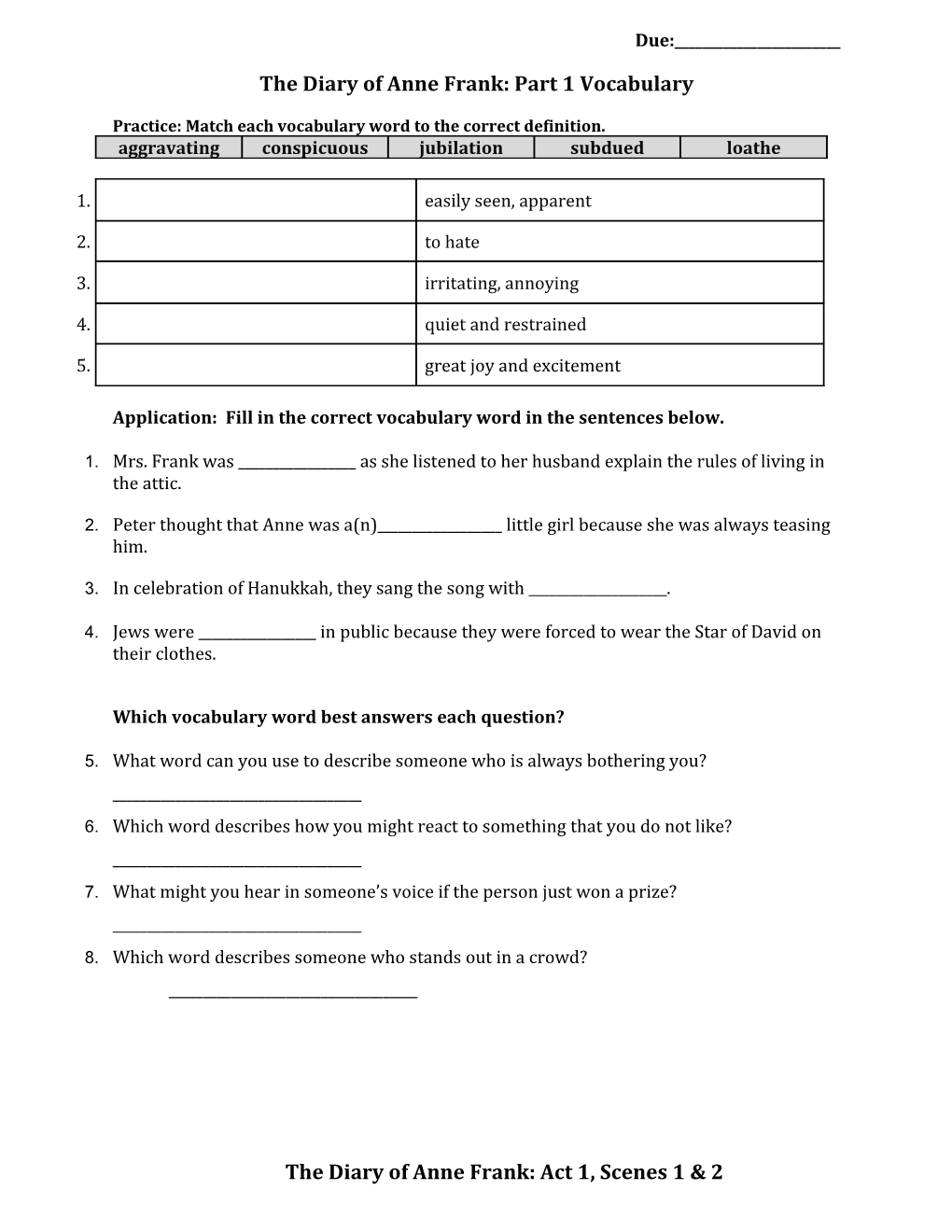 The Diary of Anne Frank: Part 1 Vocabulary