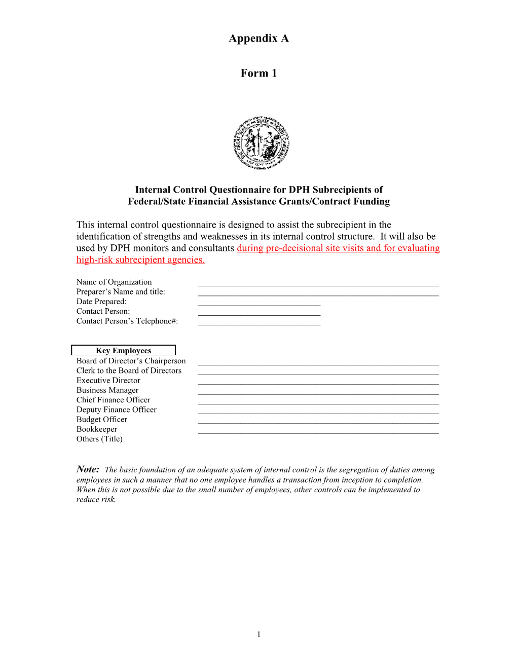 Internal Control Questionnaire Fordph Subrecipients Of