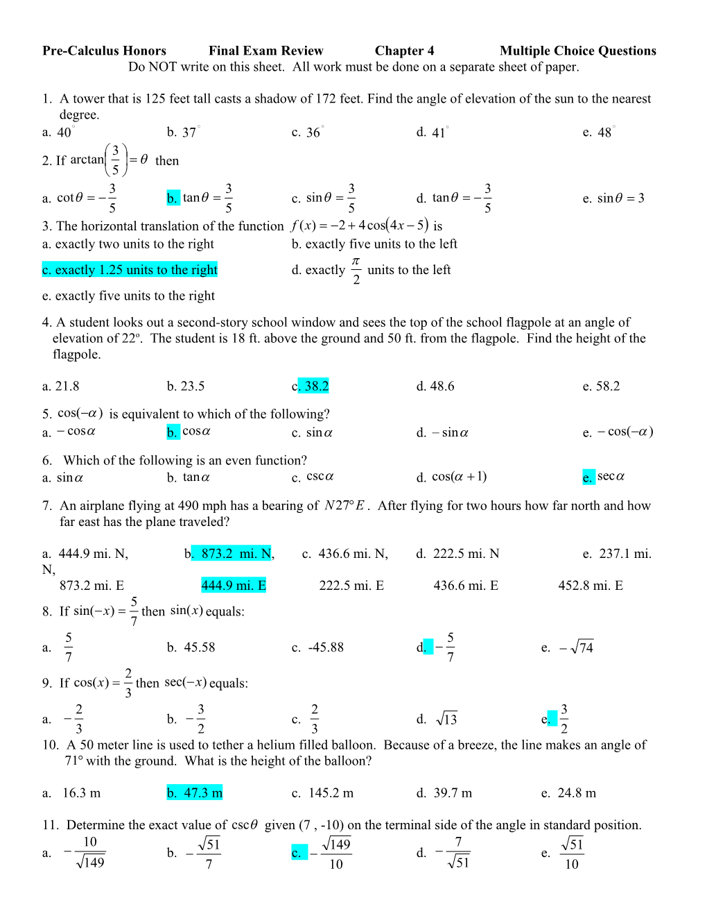 Pre-Calculus Honorsfinal Exam Reviewchapter 4Multiple Choice Questions