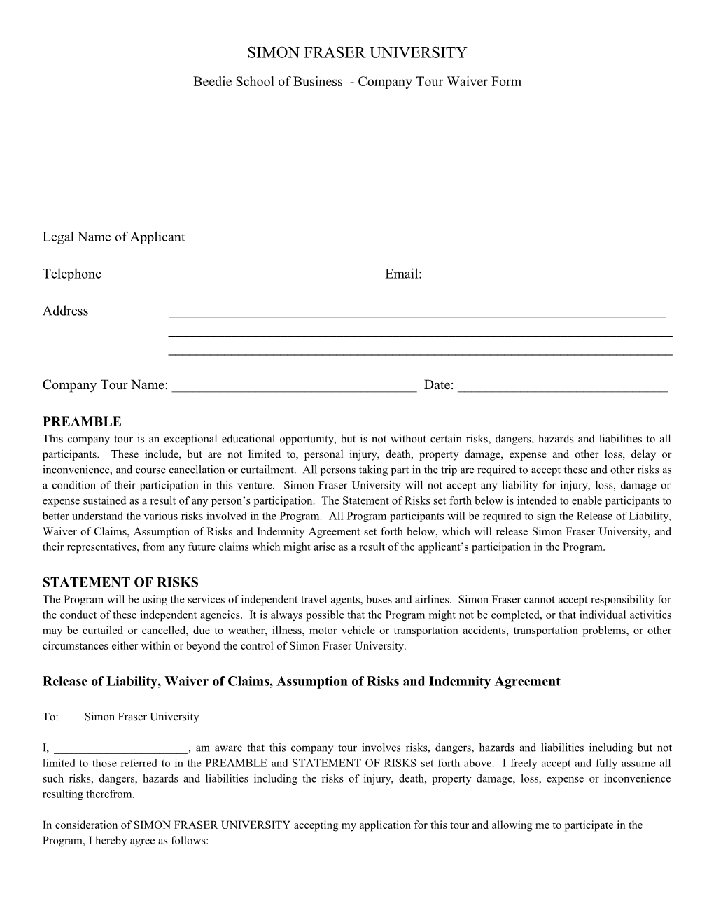 Beedie School of Business - Company Tour Waiver Form