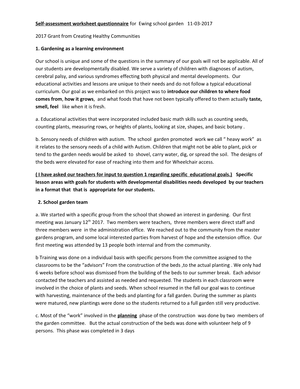 Self-Assessment Worksheet Questionnaire for Ewing School Garden 11-03-2017
