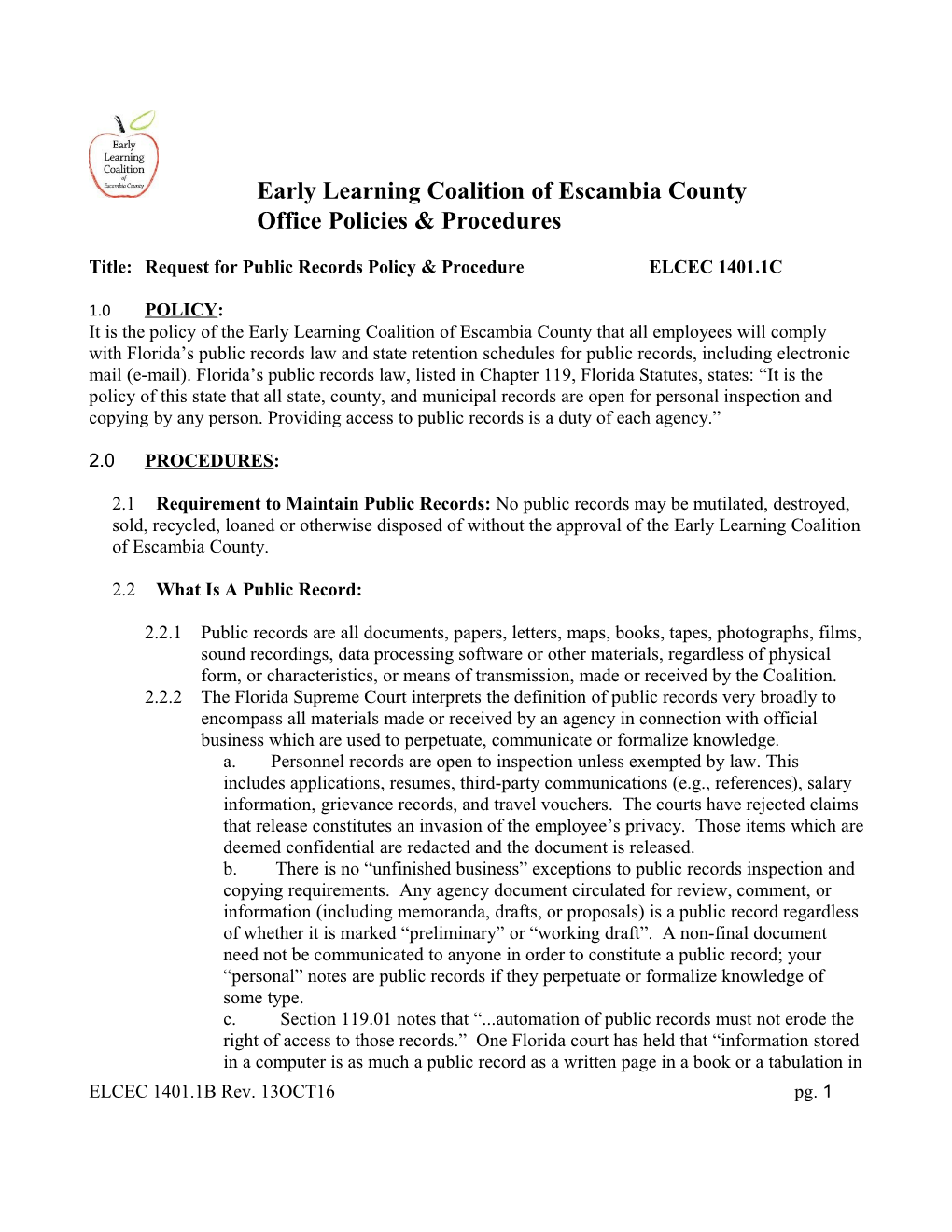 Title:Requestfor Public Records Policy & Procedureelcec 1401.1C