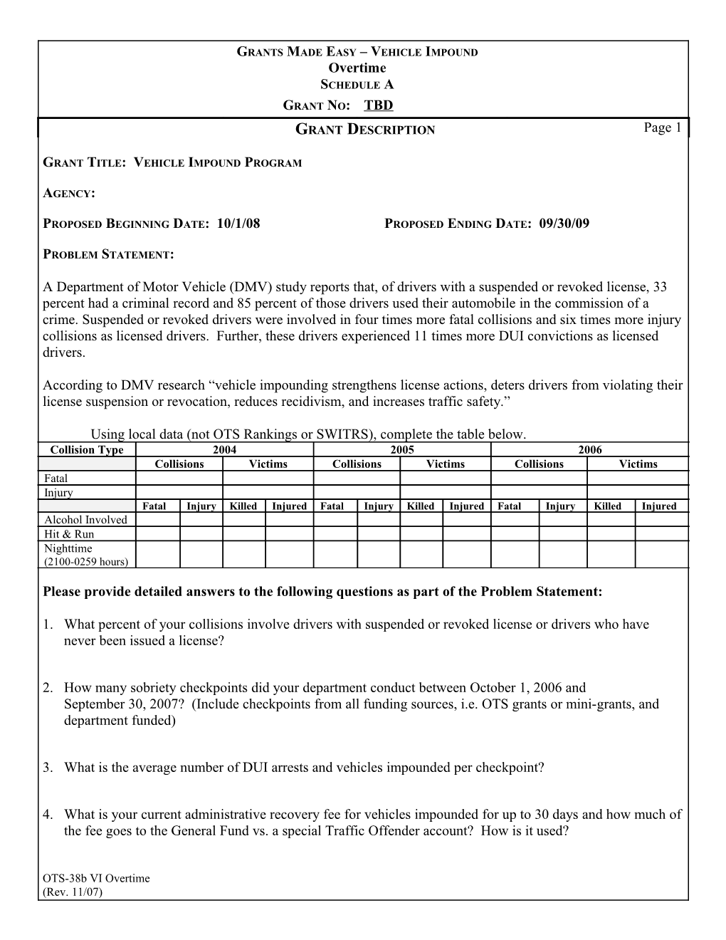 Grant Title: Vehicle Impound Program