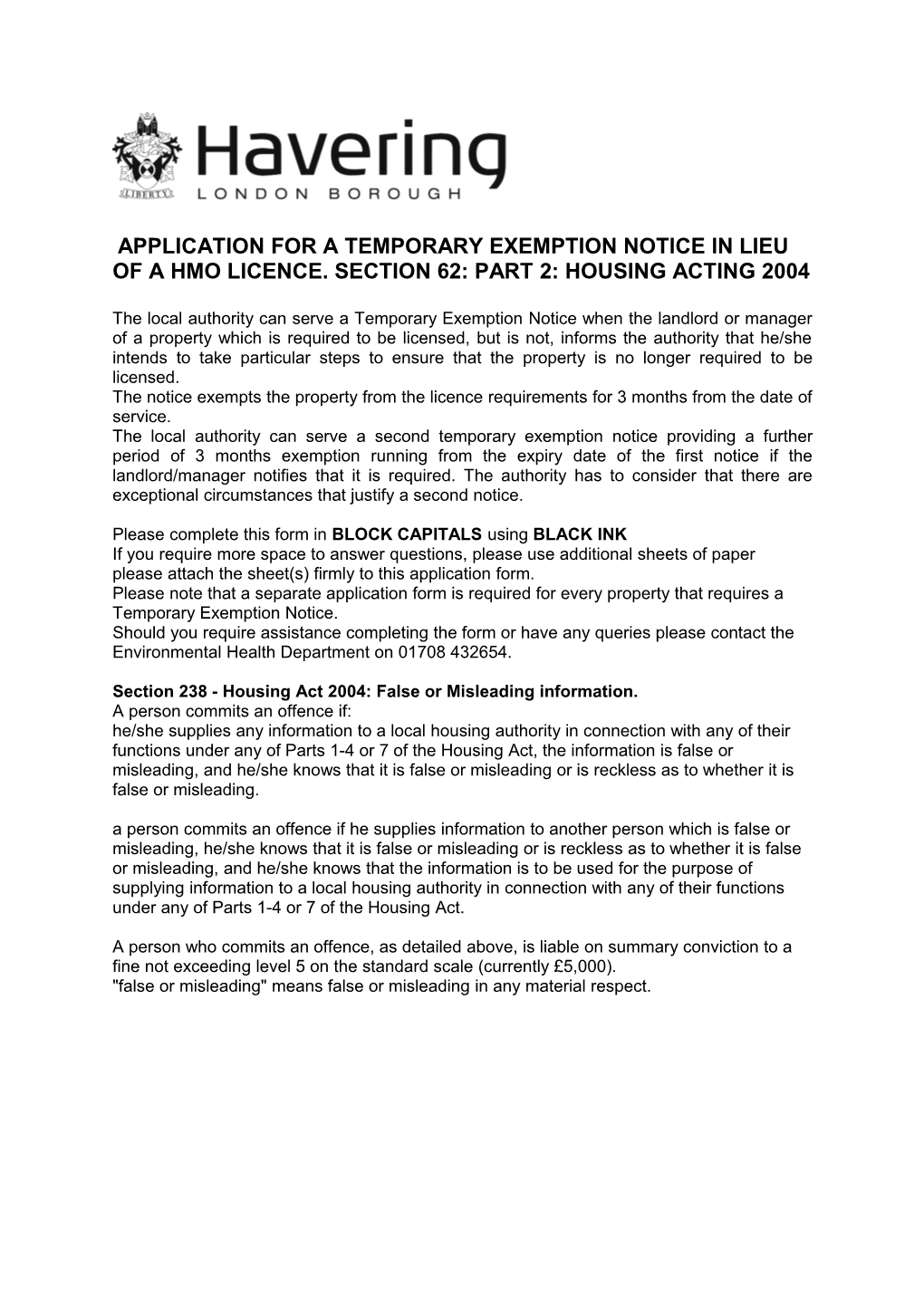 Temporary Exemption Notice in Lieu of a HMO Licence