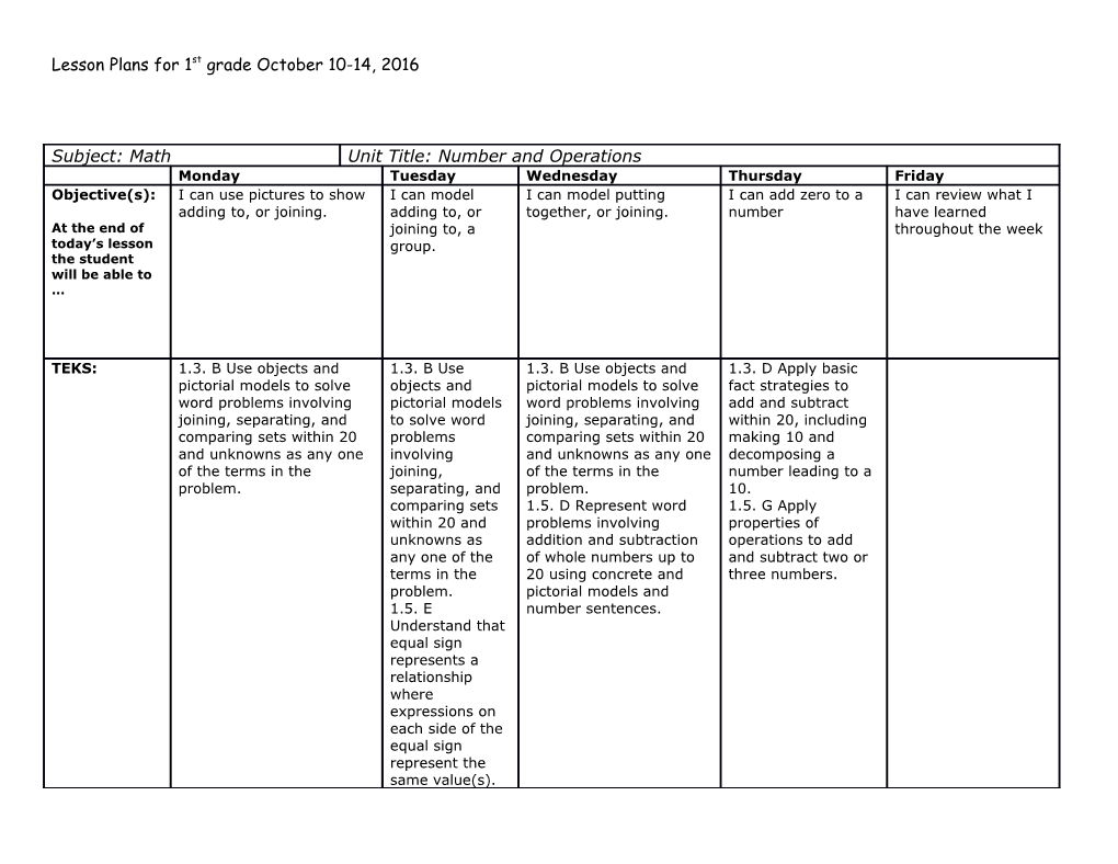 Lesson Plans for 1St Grade October 10-14, 2016