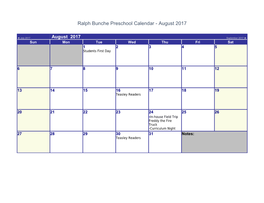 Ralph Bunche Preschool Calendar - August 2017