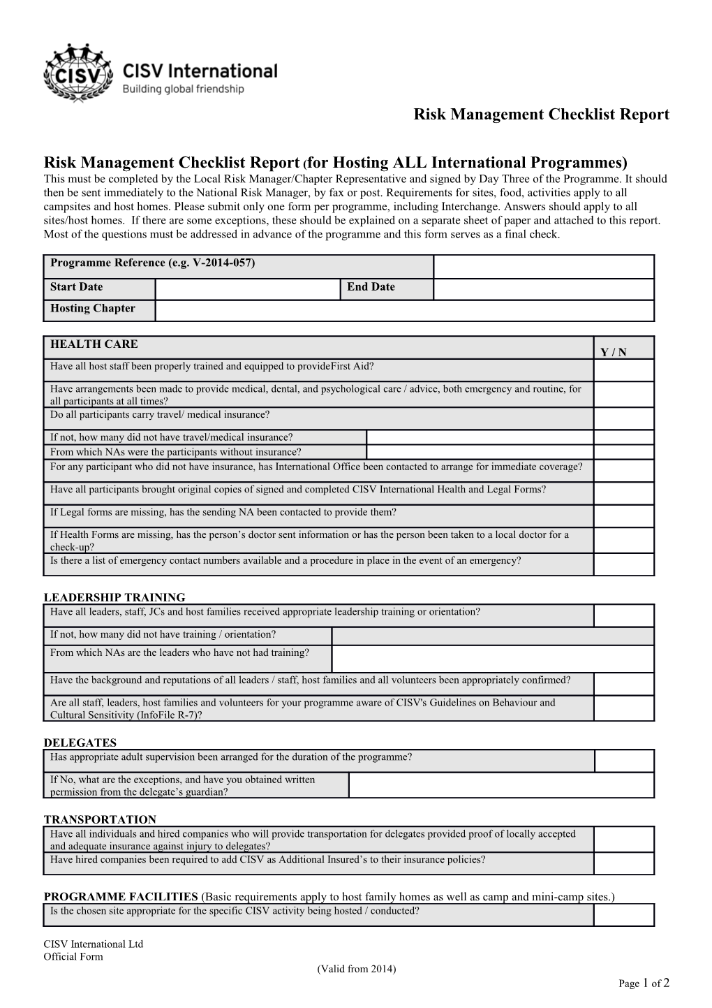 Risk Management Checklist Report (For Hosting ALL International Programmes)