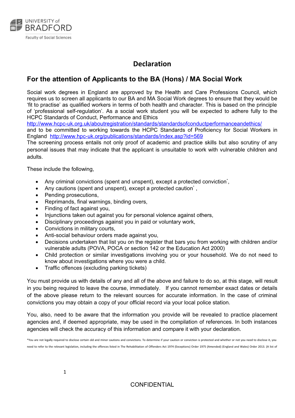 For the Attention of Applicants to the BA (Hons) / MA Social Work