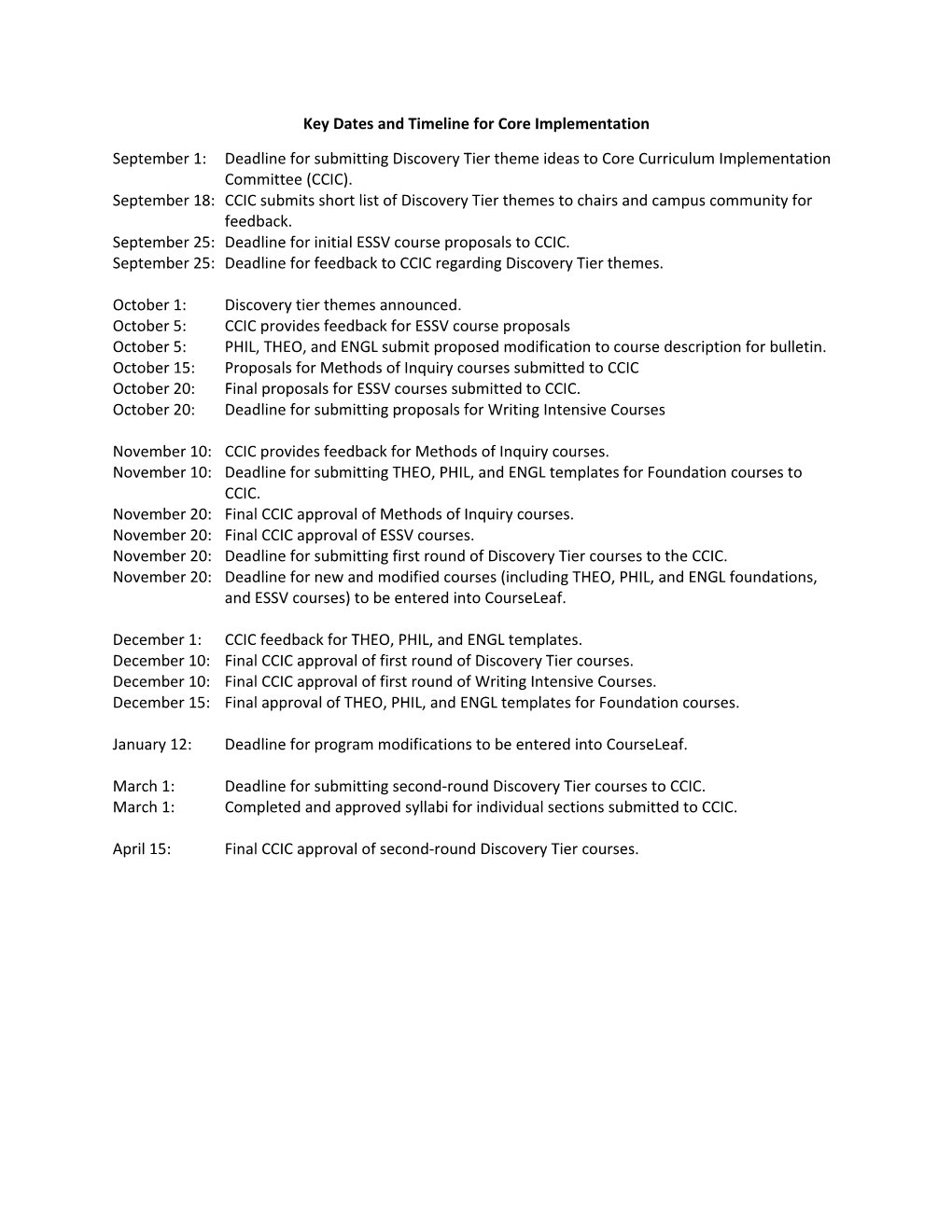 Key Dates and Timeline for Core Implementation