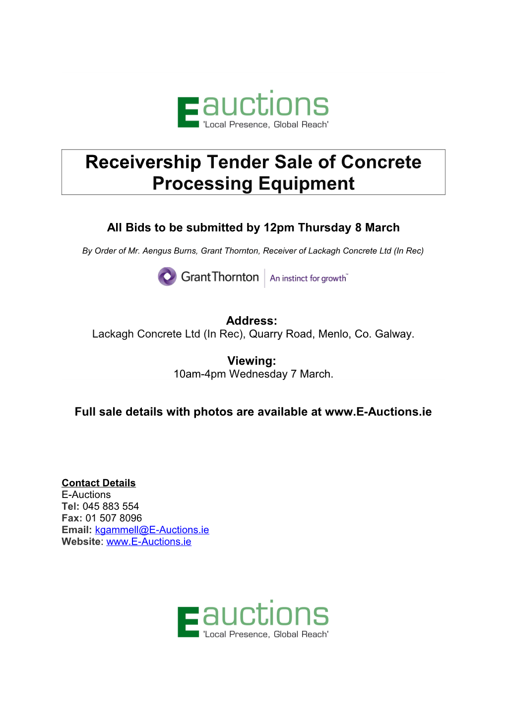 Receivership Tender Sale of Concrete Processing Equipment