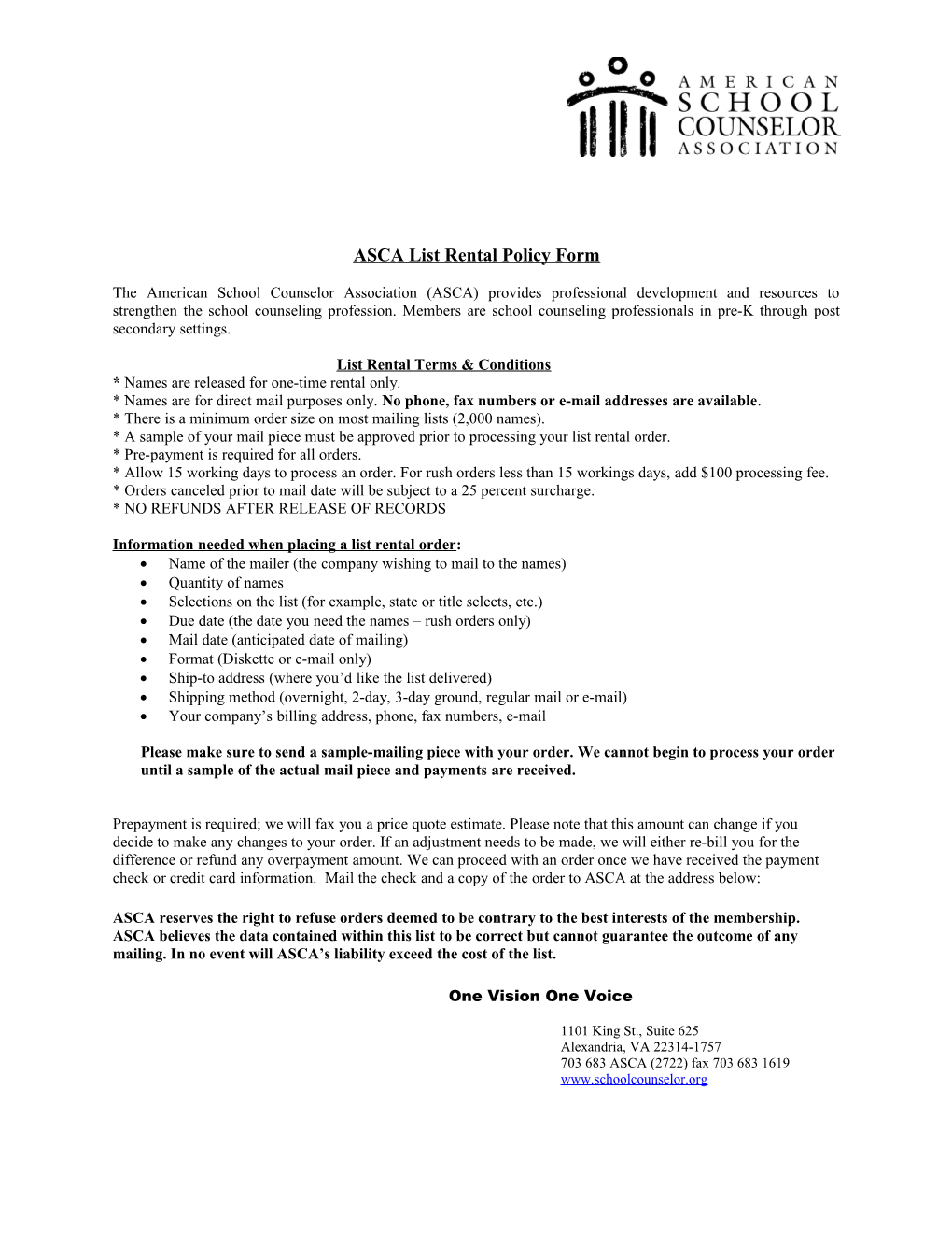 ASCA List Rental Policy Form
