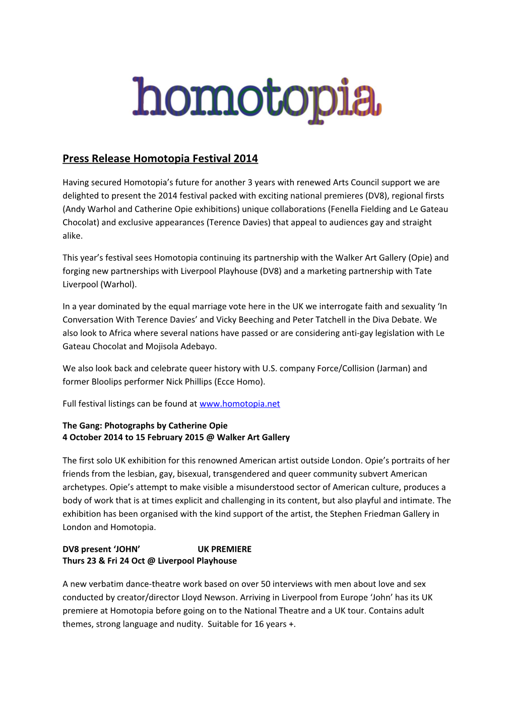 Press Release Homotopia Festival 2014